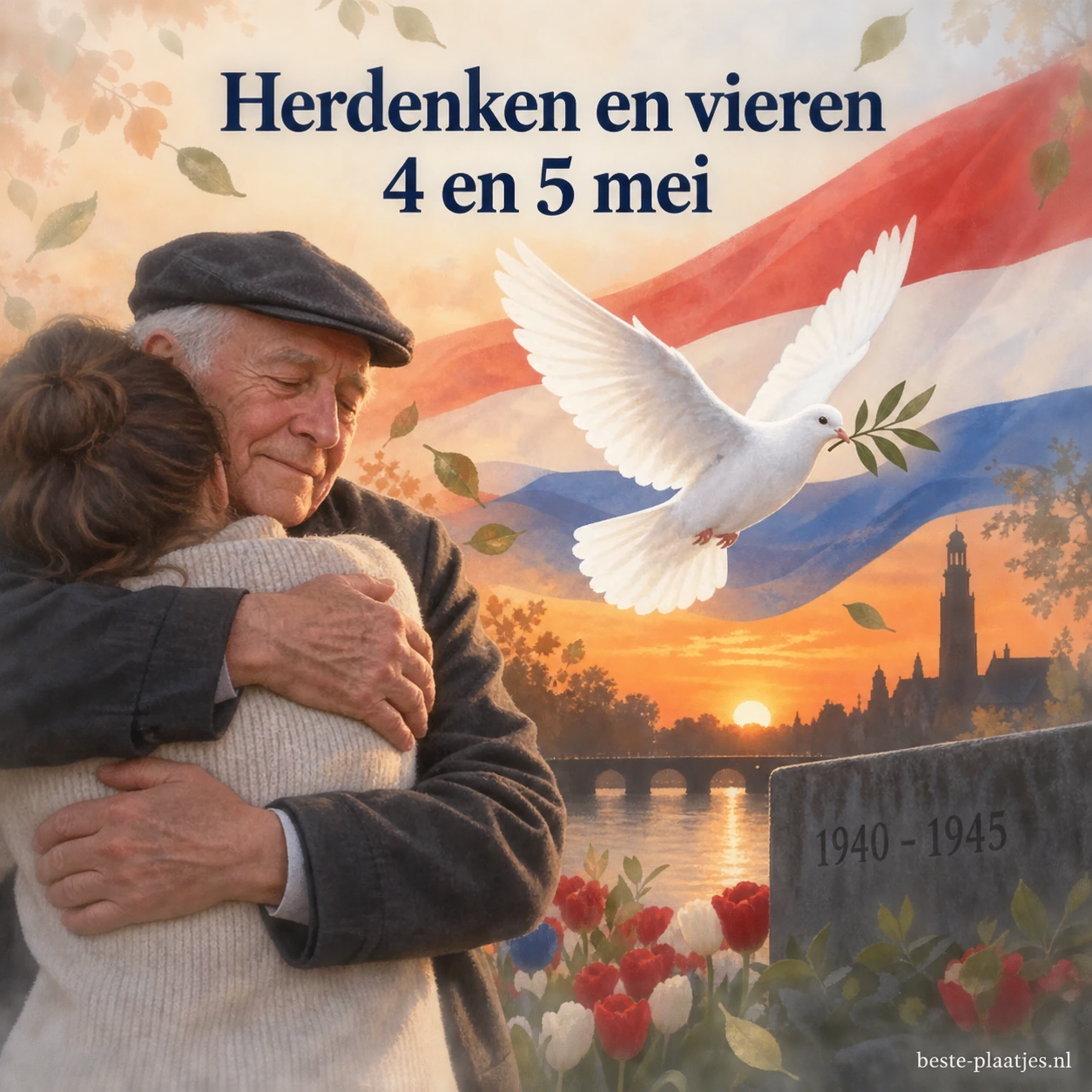 Een oudere man omhelst een jongere persoon naast een vredesduif, een vlag en een herdenkingssteen.