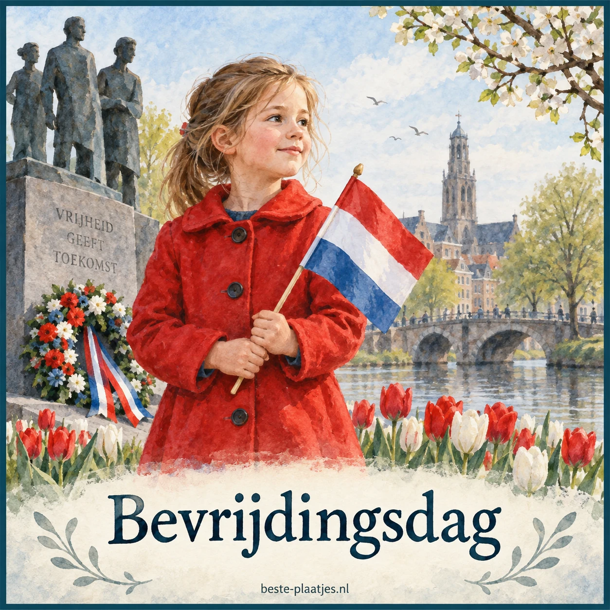 Een kind in een rode jas houdt een Nederlandse vlag bij een monument en bloeiende tulpen.