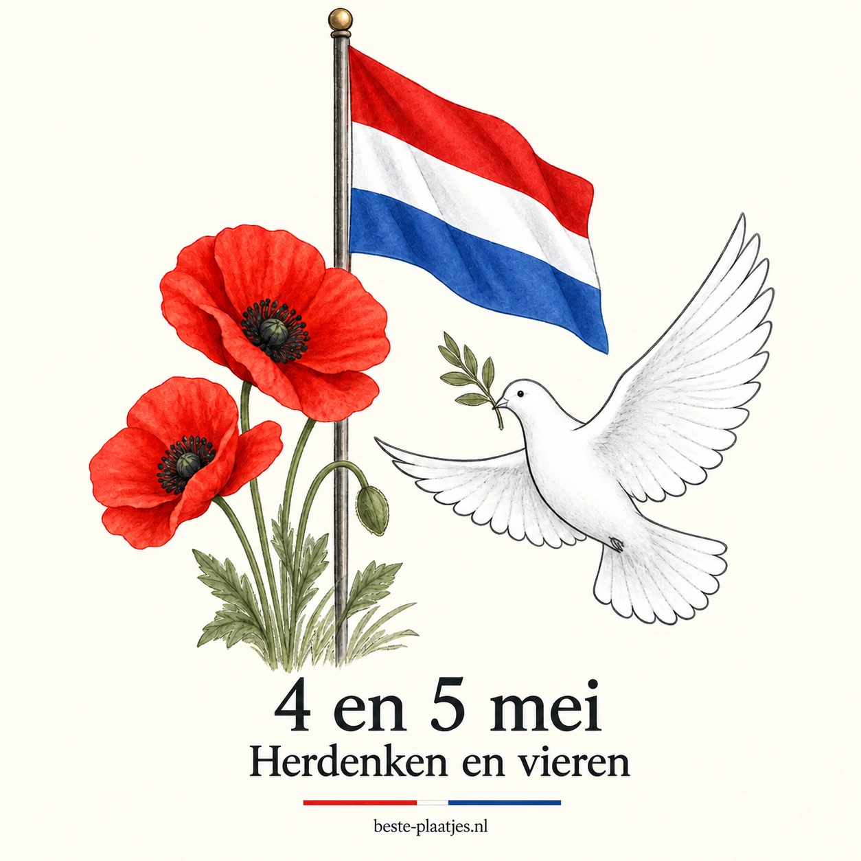 Een witte vredesduif vliegt bij rode klaprozen en een Nederlandse vlag op een lichte kaart.
