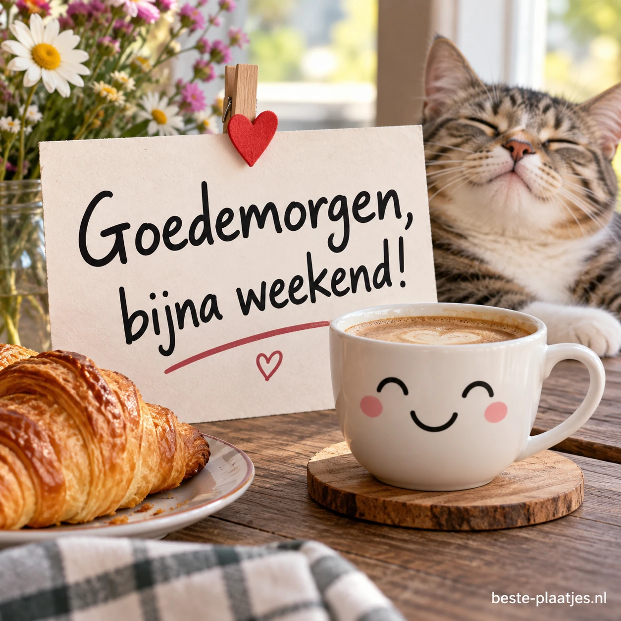 Een glimlachende kop koffie, croissant en kat begroeten het bijna weekend.