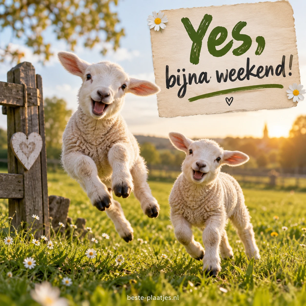 Twee lammetjes springen door een zonnige weide richting weekend.
