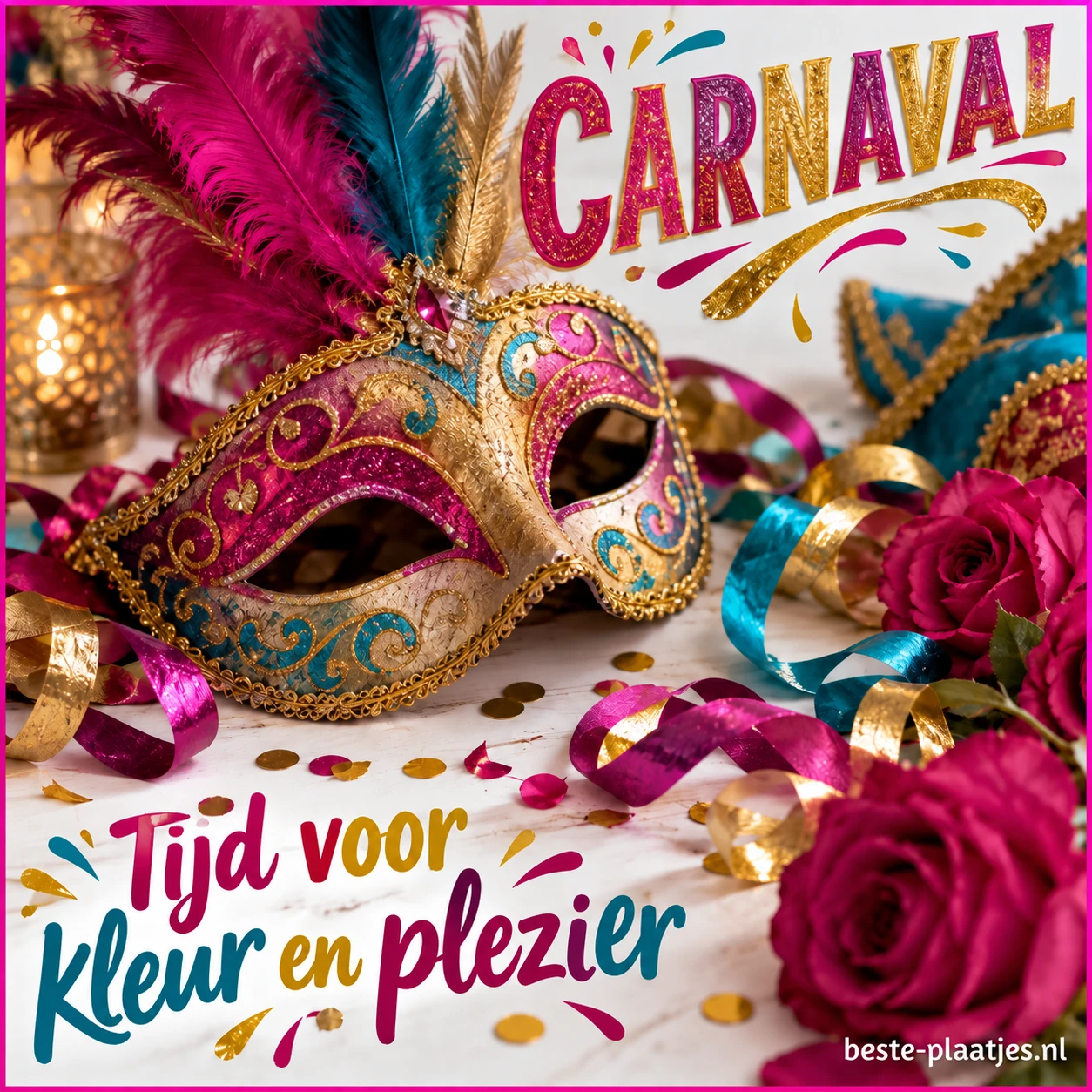 Kleurrijke maskers en serpentines liggen op een feestelijke tafel.