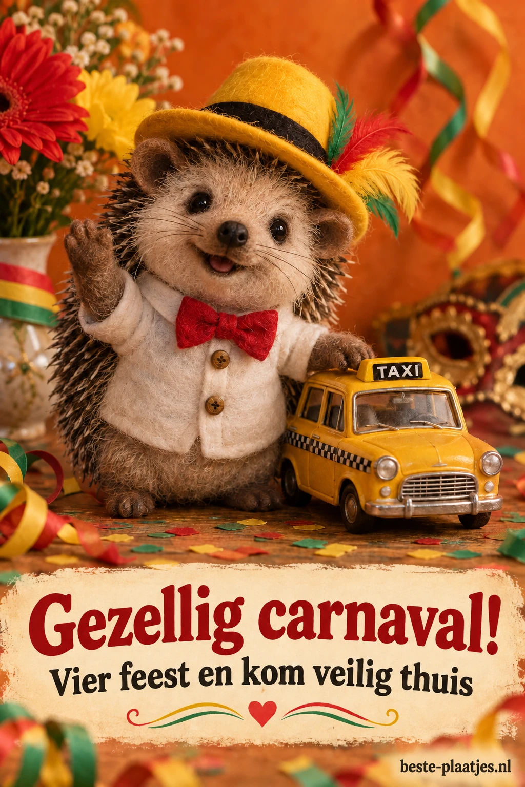 Een handgemaakte egelpop draagt een feesthoed en een rode strik.