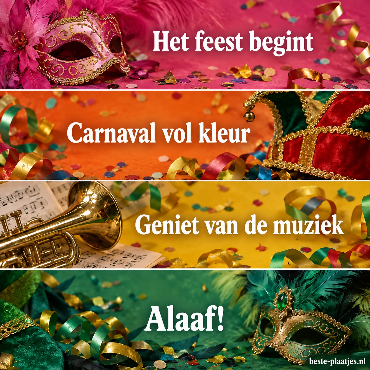 Vier kleurrijke stroken tonen maskers, confetti en feestwensen.
