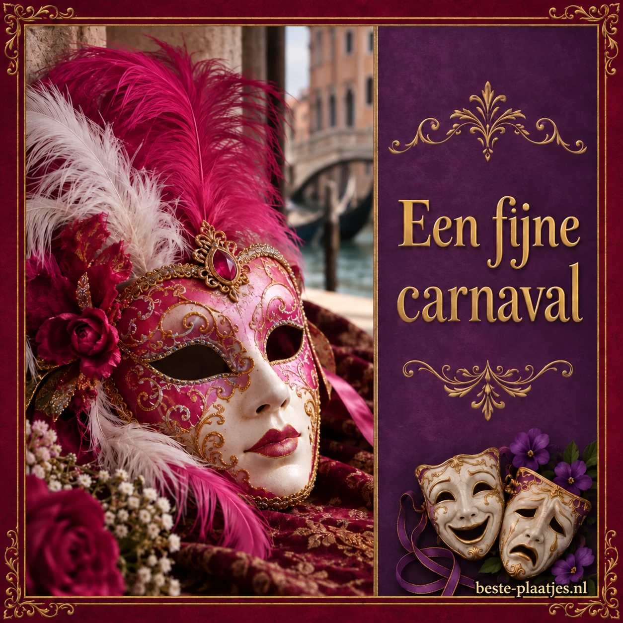 Een roze masker en witte veren vullen een feestelijke collage.