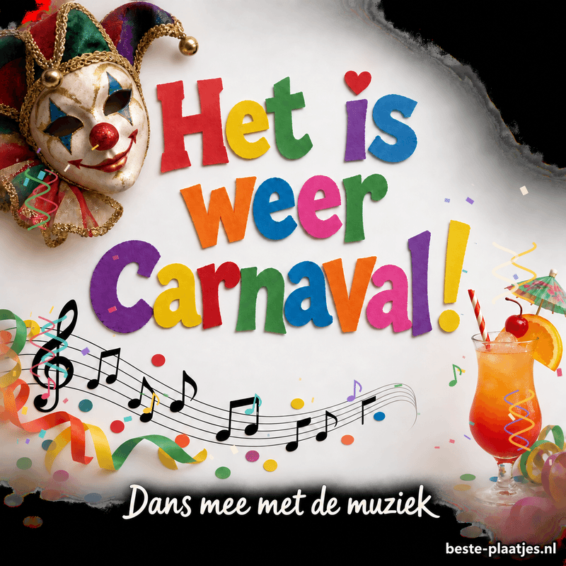 Een feestkaart combineert kleurrijke letters, muzieknoten en een cocktail.