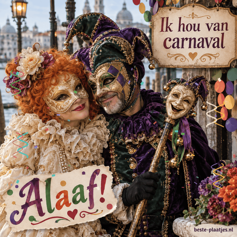 Twee carnavalsfiguren tonen kleurrijke kostuums en maskers.
