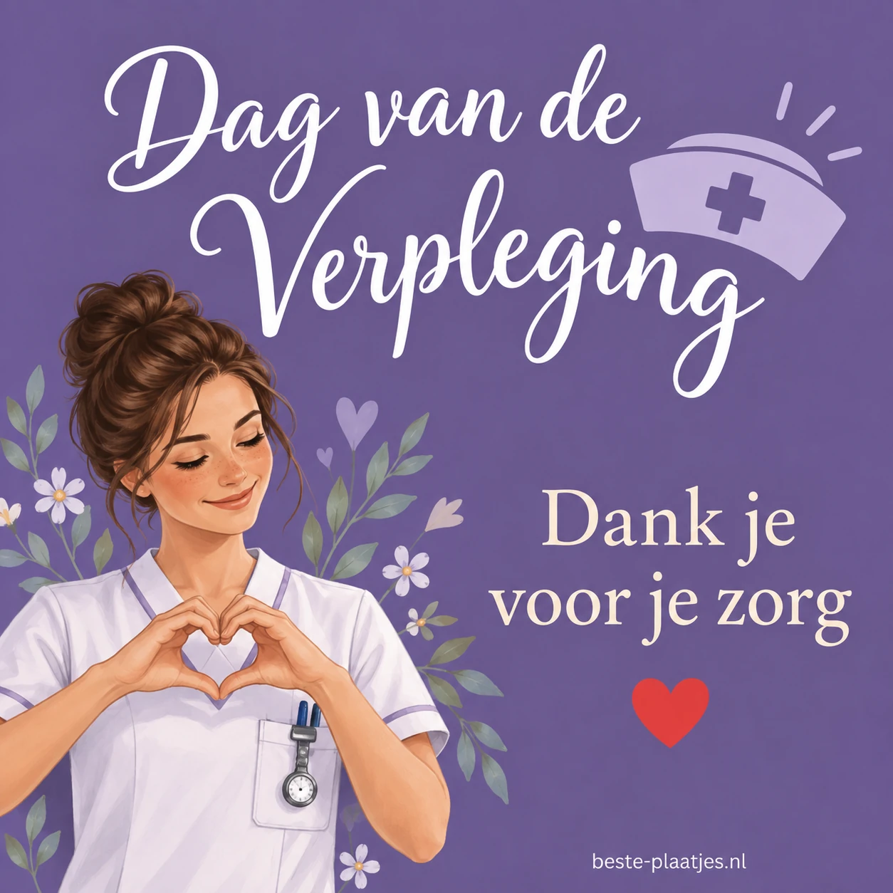 Een verpleegkundige vormt met haar handen een hart voor een paarse achtergrond.