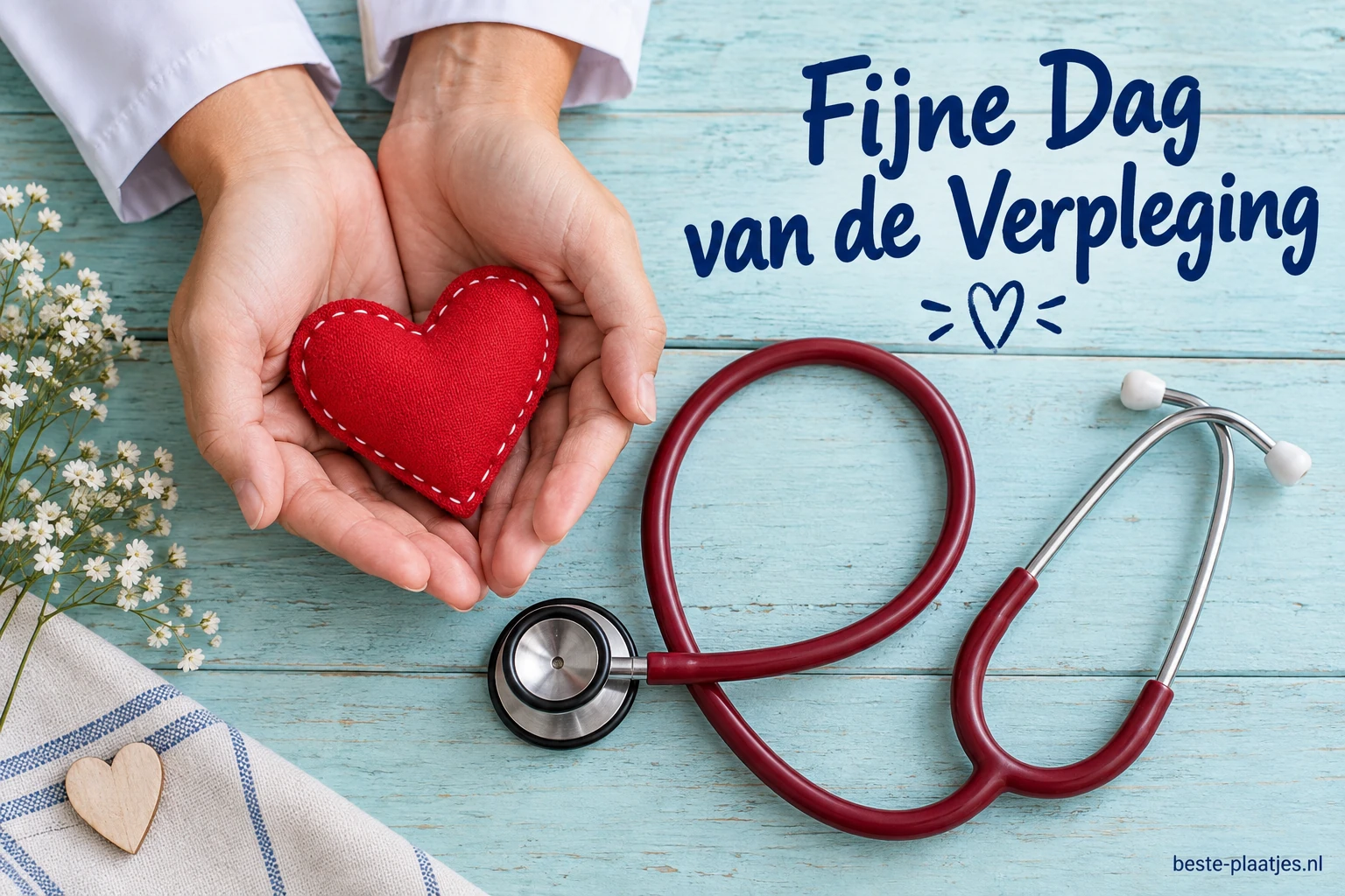 Twee handen houden een rood hart naast een stethoscoop op lichtblauwe planken.