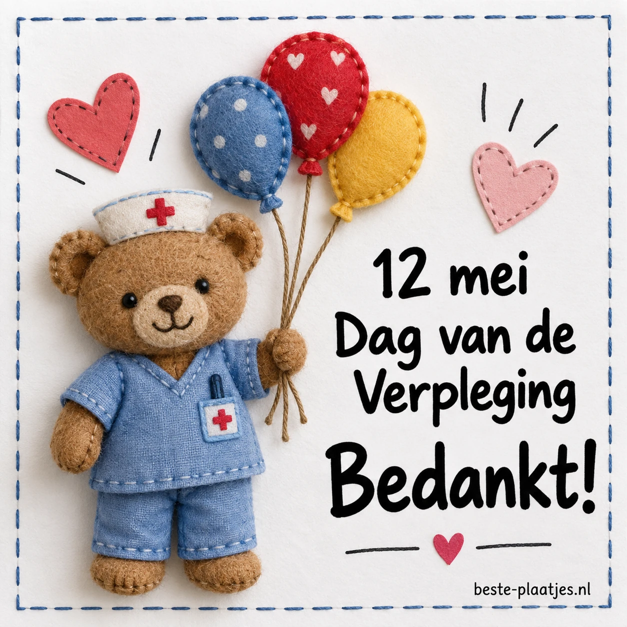 Een stoffen beer in een verpleeguniform staat tussen kleine hartjes en ballonnen.