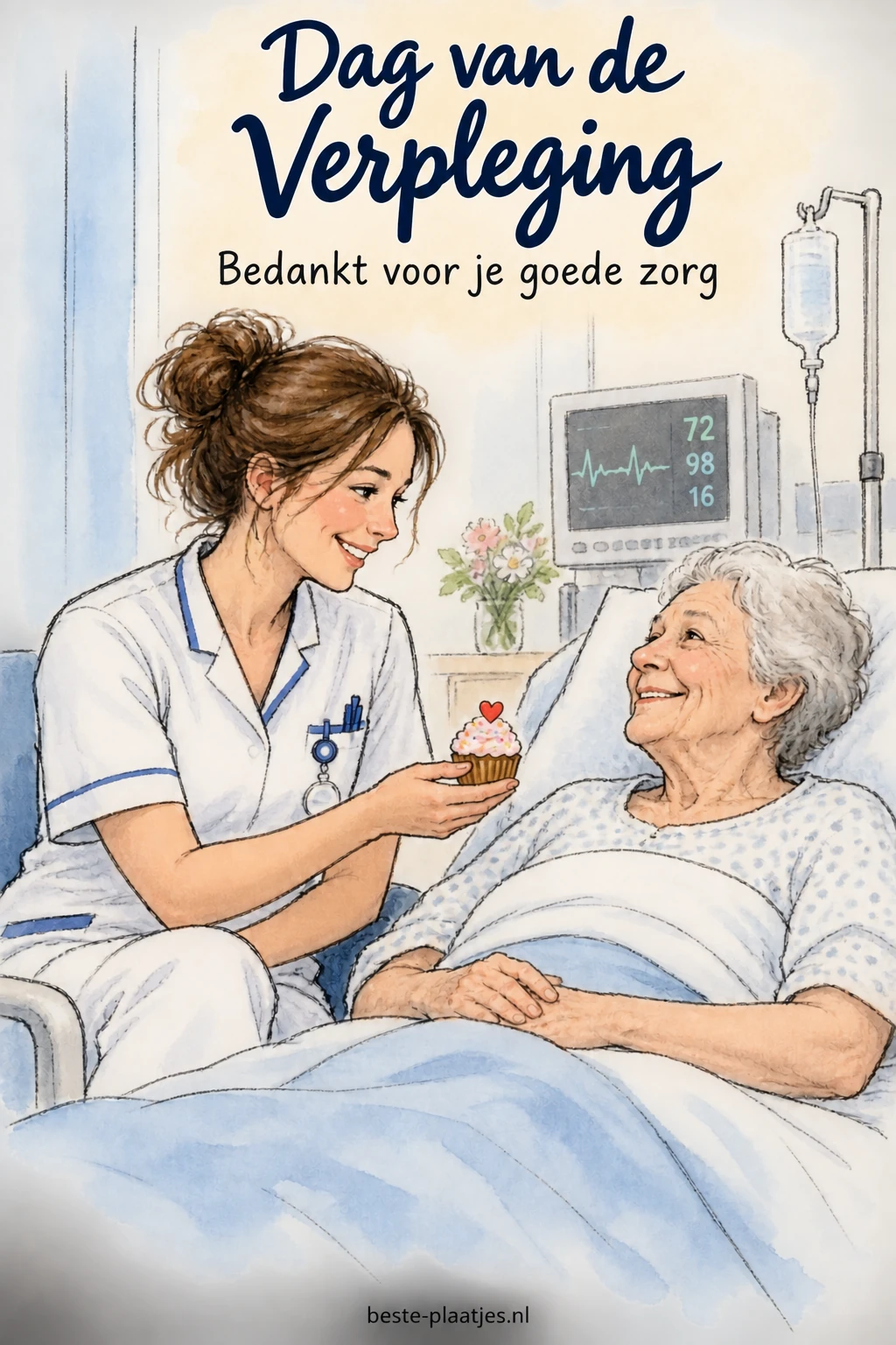Een verpleegkundige geeft een oudere patiënt een klein gebakje aan het bed.
