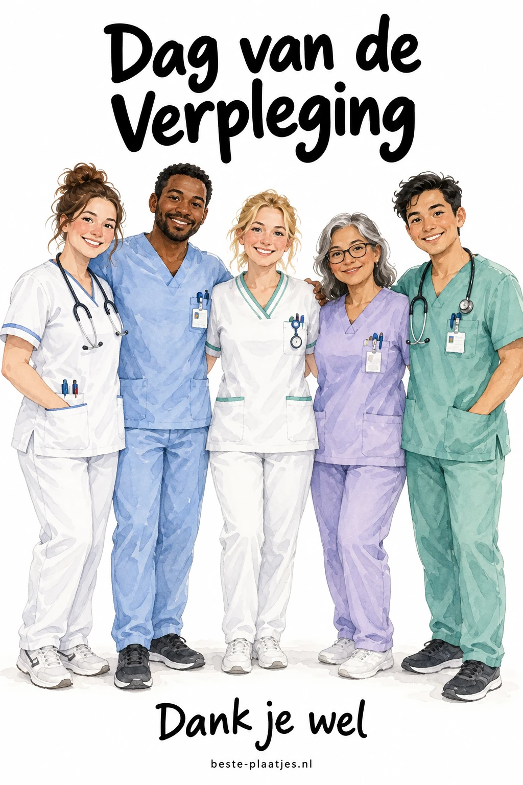 Vijf zorgverleners in verschillende uniformen staan samen op een witte achtergrond.