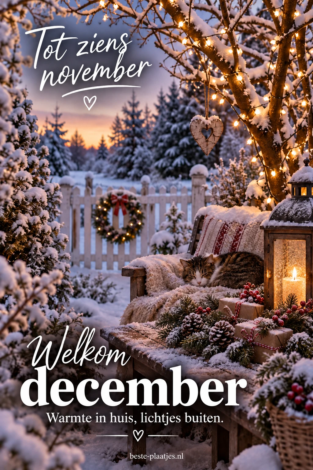 Een besneeuwde tuin met lichtjes en een lantaarn verwelkomt december op een rustige manier.