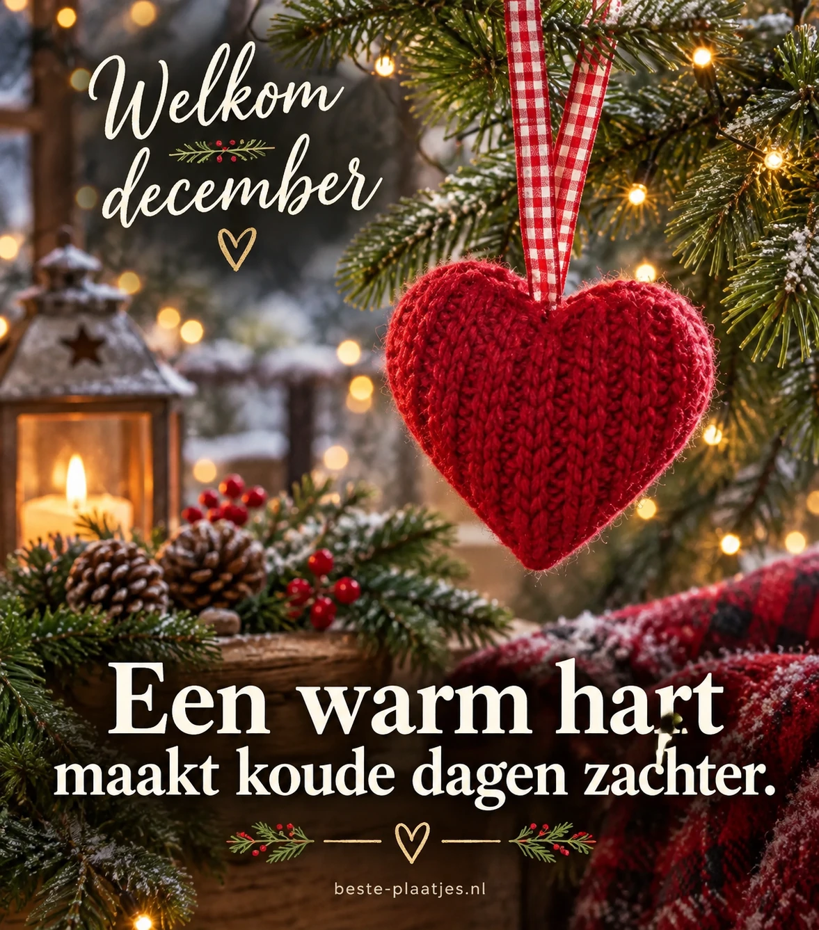 Een rood gebreid hart aan een dennentak geeft december een liefdevolle, warme uitstraling.