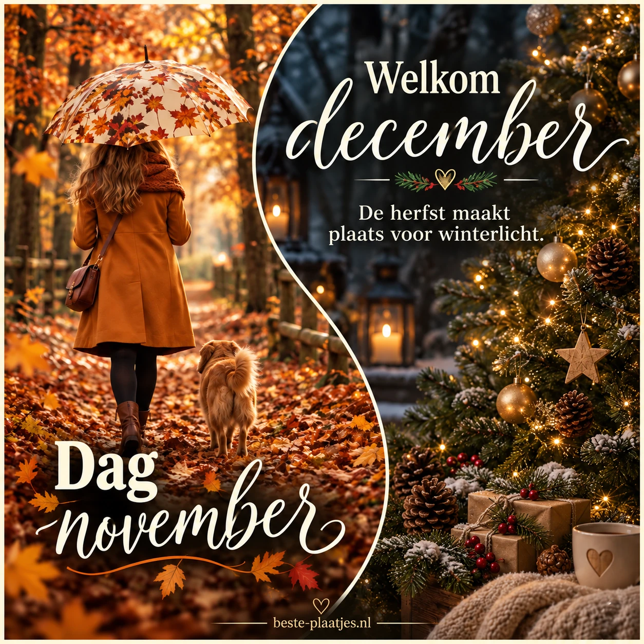 Een collage met een herfstwandeling en een verlichte kerstboom toont de overgang naar december.