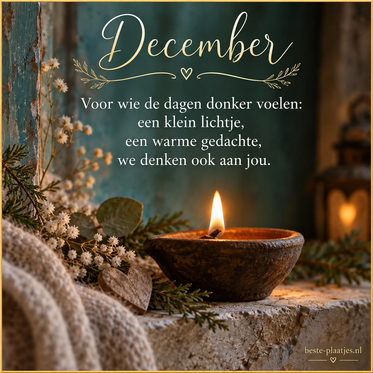 Een klein vlammetje op een stenen rand brengt een decembergroet met aandacht en hoop.