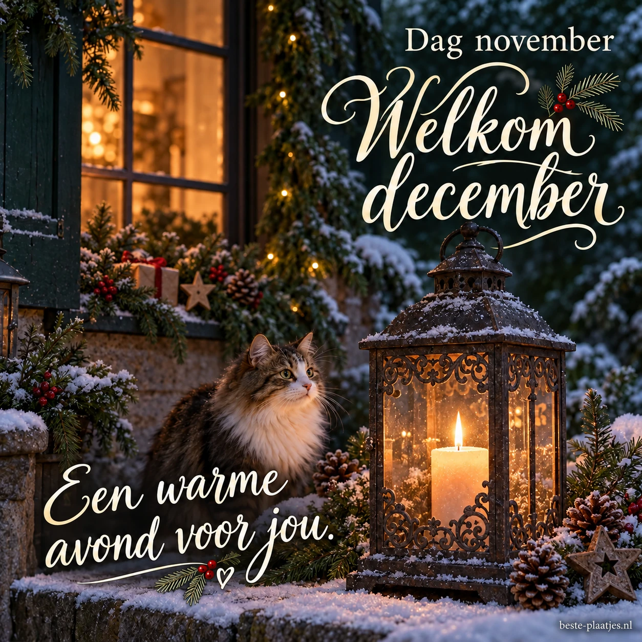 Een brandende lantaarn tussen winterse takken brengt een warme decemberavondgroet.