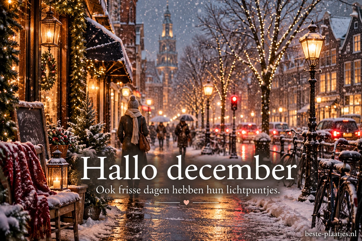 Een wandelaar in een winterse stadsstraat brengt een frisse groet voor december.