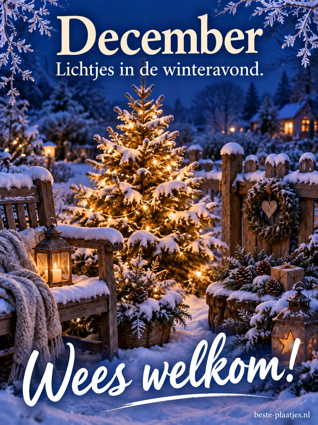 Een kleine verlichte kerstboom in de sneeuw brengt warmte in een blauwe winteravond.