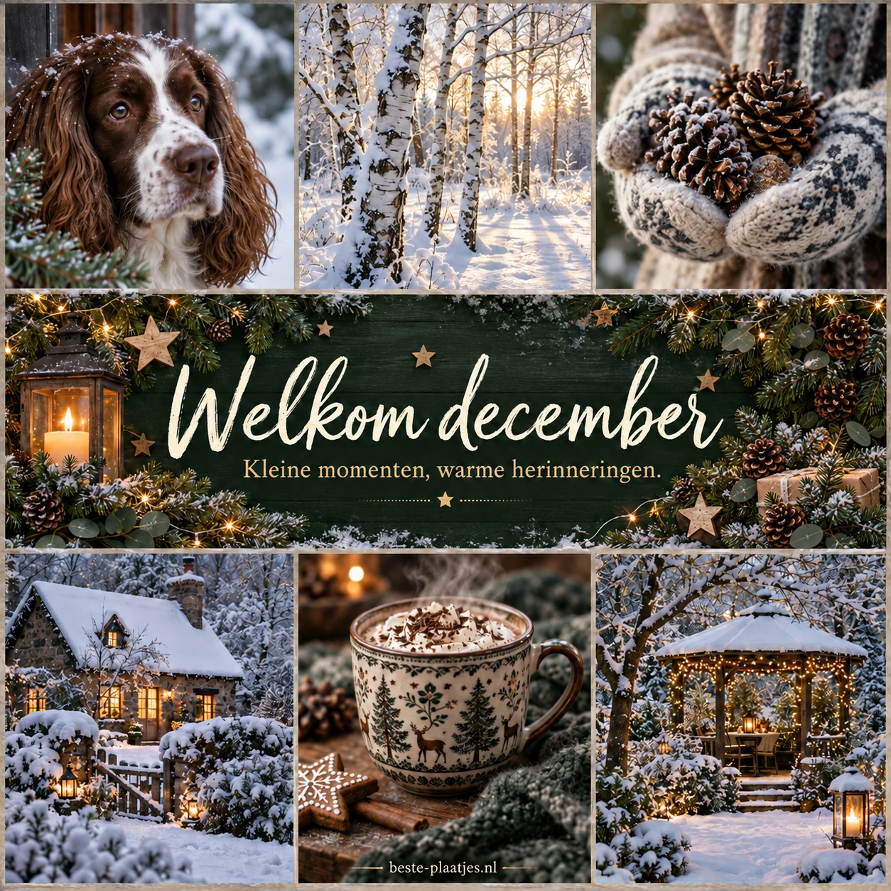 Een wintercollage met een hond, sneeuw, dennenappels en warme chocolademelk verwelkomt december.