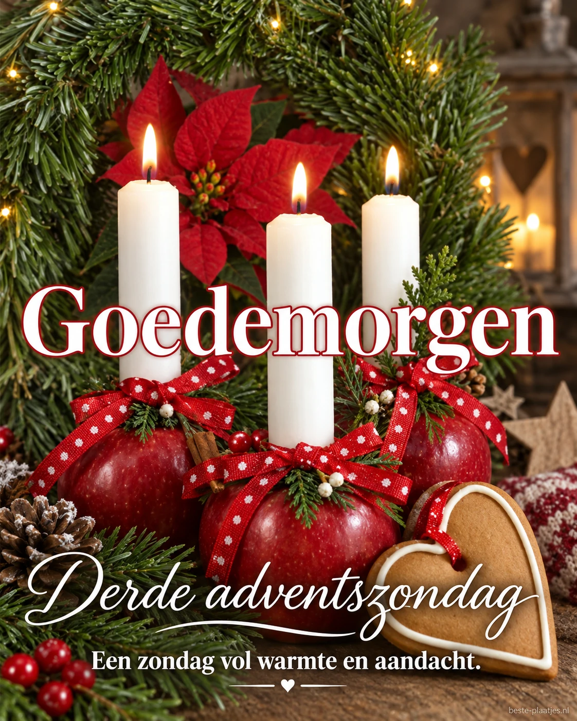 Drie kaarsen in rode appels brengen een hartelijke goedemorgengroet voor de derde advent.