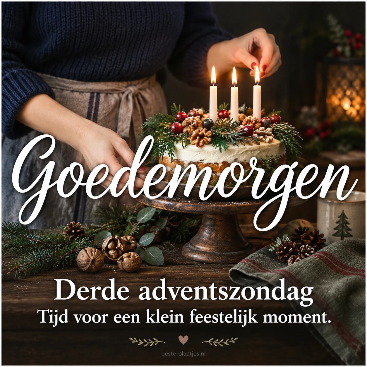 Een vrouw steekt een kaarsje aan bij een feestelijke taart voor de derde advent.