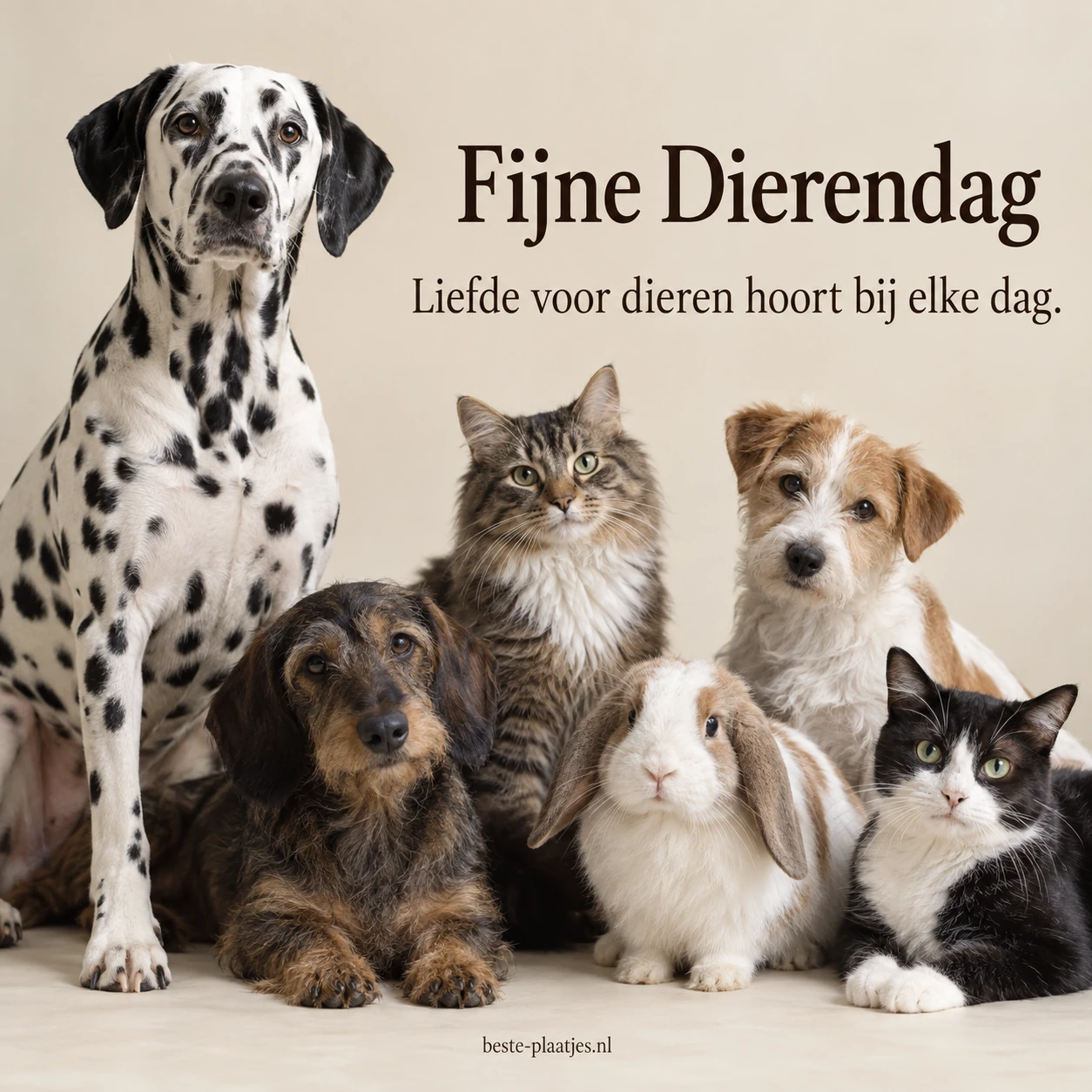 Honden, katten en een konijn vormen een vriendelijke groep voor Dierendag.