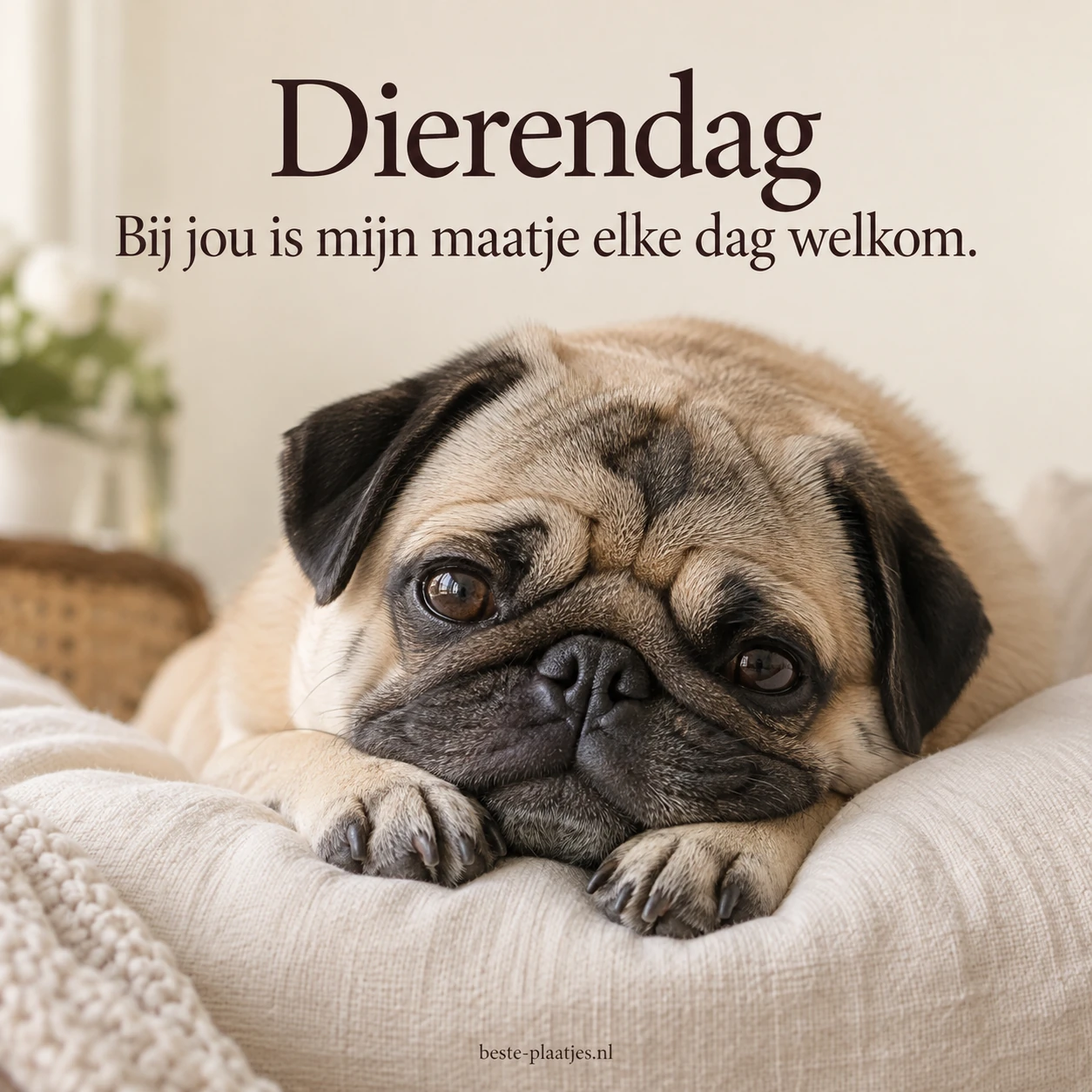 Een ontspannen mopshond op een kussen herinnert aan dagelijkse aandacht voor je huisdier.