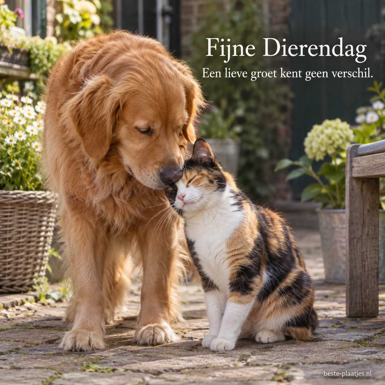 Een hond begroet een kat zachtjes en laat een onverwachte vriendschap zien.