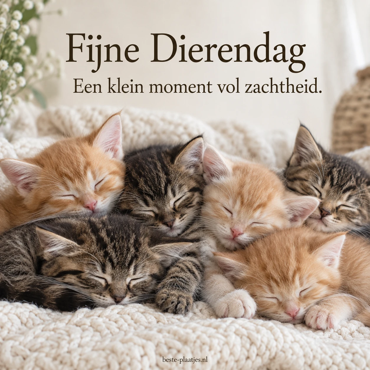 Zes slapende kittens liggen dicht tegen elkaar op een zachte deken.