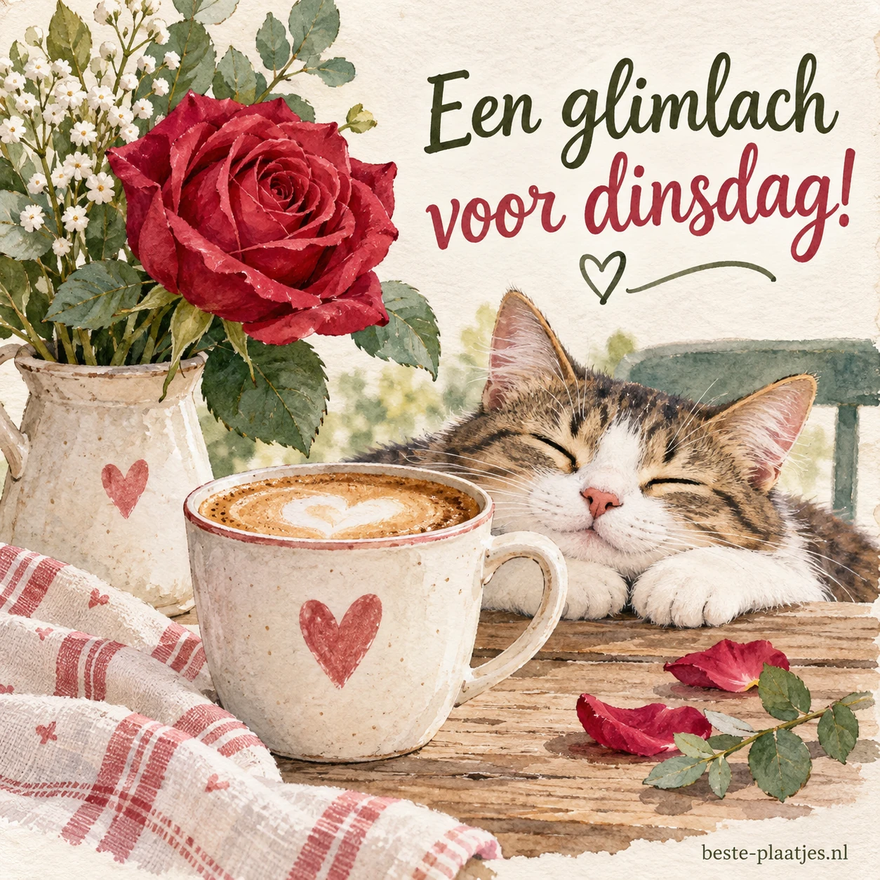 Schattig kopje met roos straalt warmte en vrolijkheid uit.