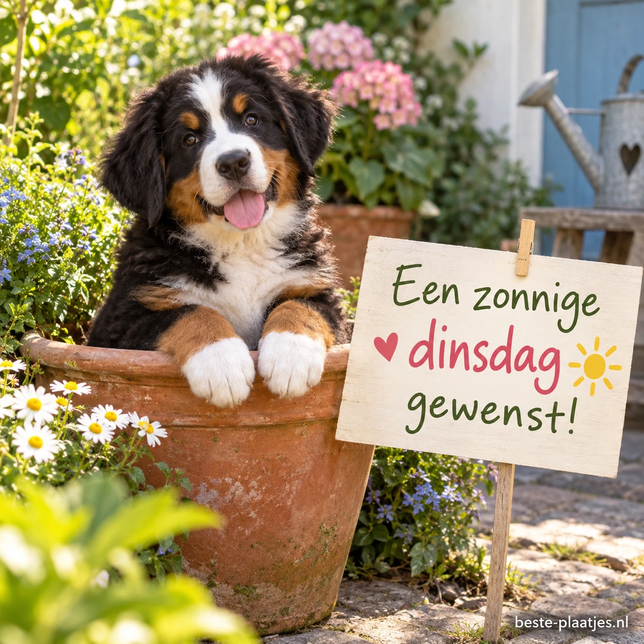 Een jonge Berner Sennenhond zit vrolijk in een grote bloempot.