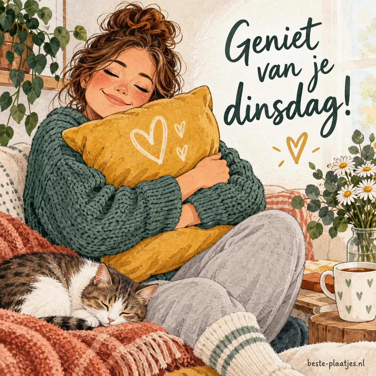 Persoon houdt een kussen vast.