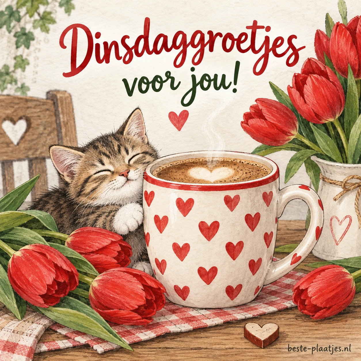 Een grote mok met hartenmotief, omringd door rode tulpen.