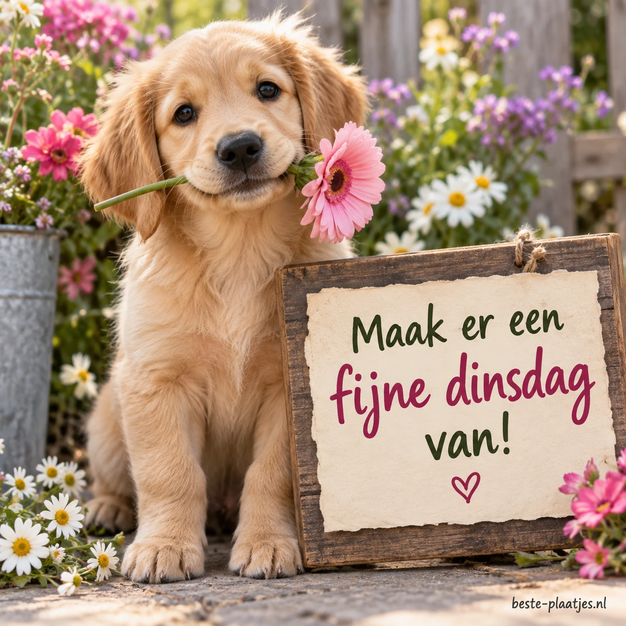 Een schattige pup met een bloem in de bek op een bloemenachtergrond.