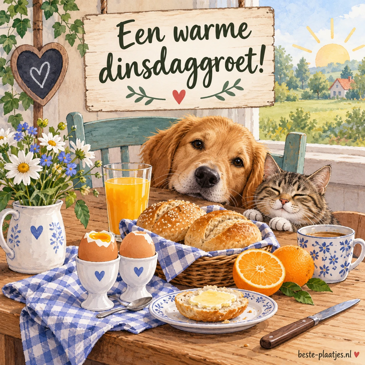 Sfeervol stilleven van ontbijt met eieren en sinaasappelsap; warm en verfijnd.