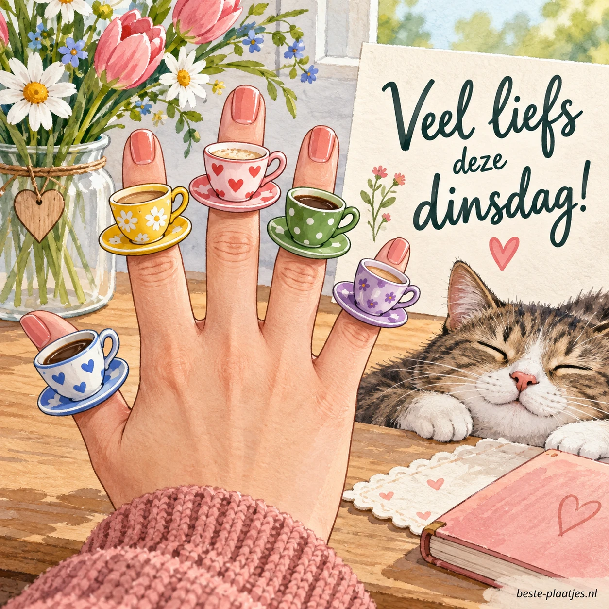 Een hand draagt kleurrijke ringen in de vorm van kopjes en schotels.