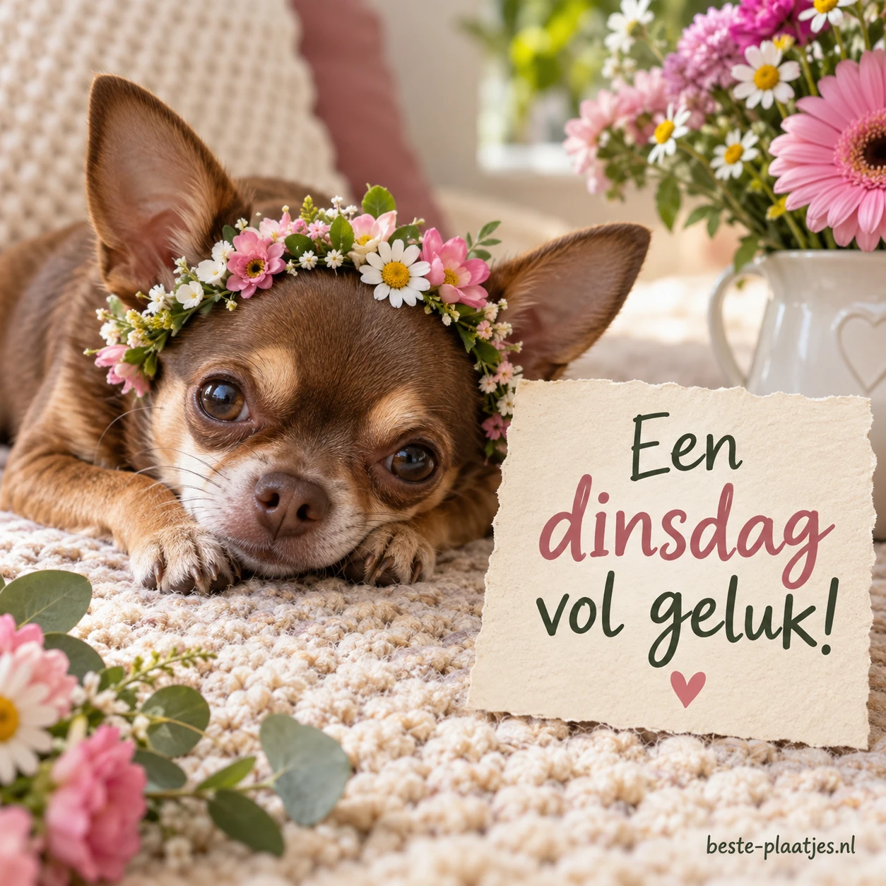 Bruine chihuahua met bloemenkrans rust op tapijt.