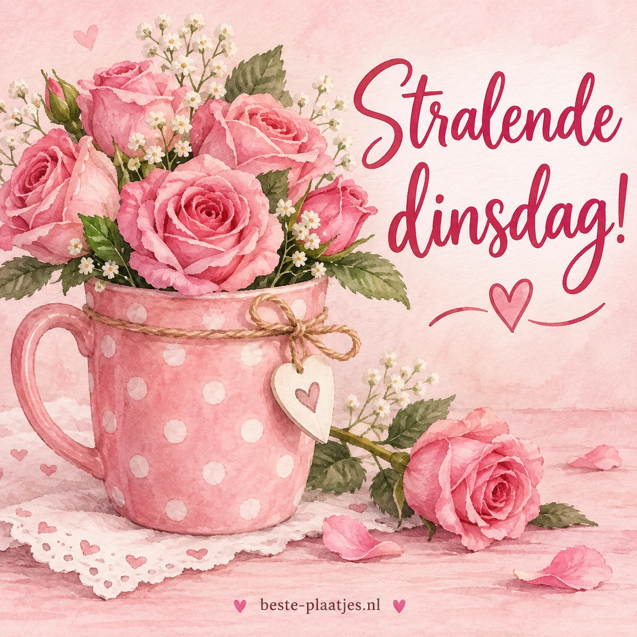 Een roze mok met witte stippen gevuld met roze rozen, naast een roos op een zachte roze ondergrond. Een roze mok met witte stippen gevuld met roze rozen, naast een roos op een zachte roze ondergrond.