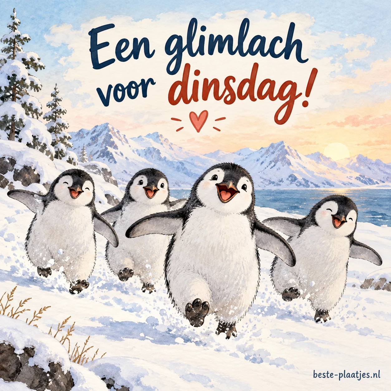 Vier pinguïns rennen vrolijk door de sneeuw. Vier pinguïns rennen vrolijk door de sneeuw.