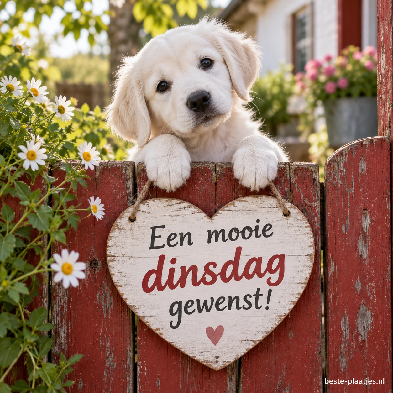 Een lieve witte puppy kijkt over een oud, rood houten hek. Een lieve witte puppy kijkt over een oud, rood houten hek.
