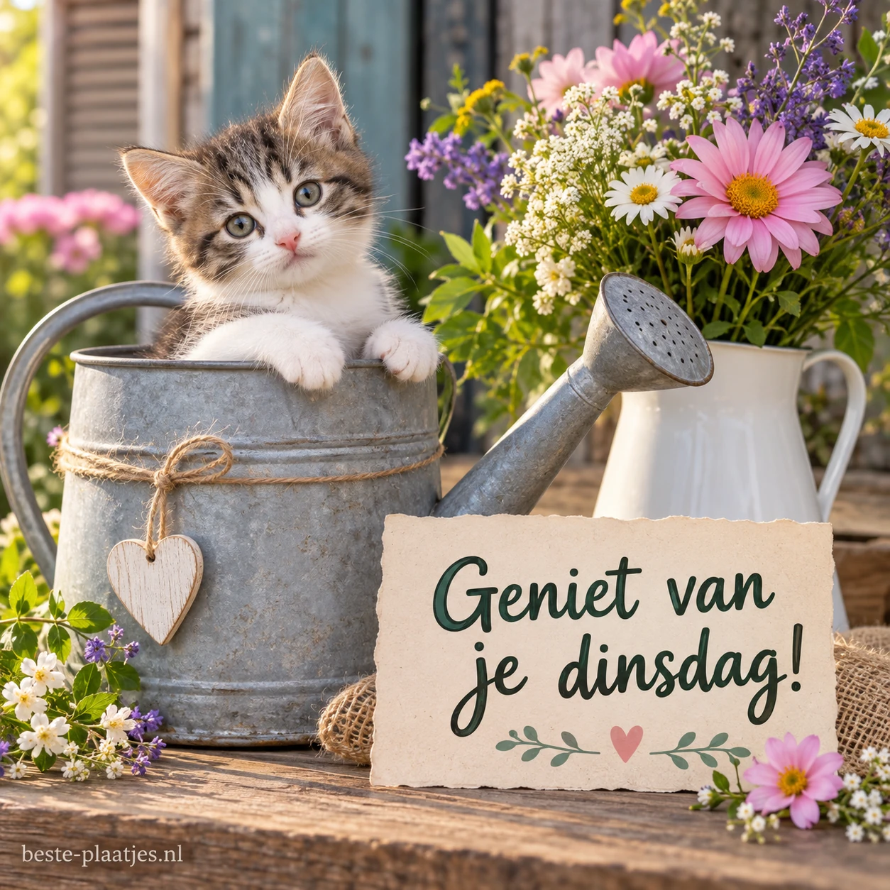 Katje in een gieter naast een vaas met bloemen. Katje in een gieter naast een vaas met bloemen.