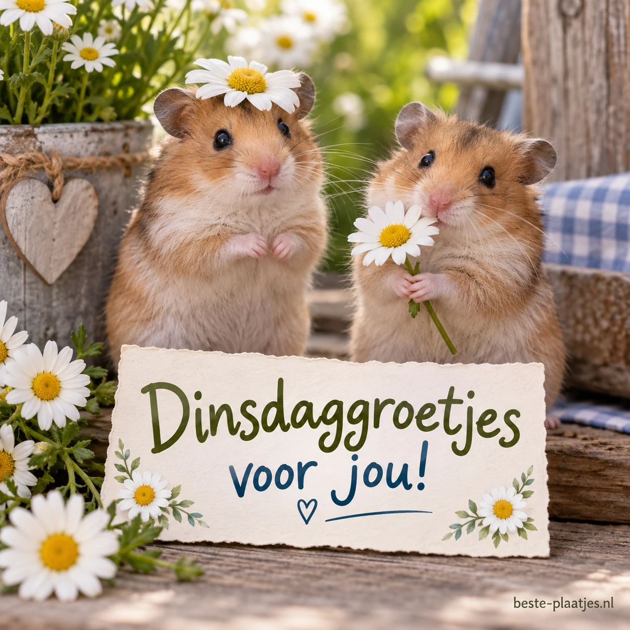 Twee hamsters met madeliefjes, één draagt een bloem op zijn kop, het andere houdt een bloem vast. Twee hamsters met madeliefjes, één draagt een bloem op zijn kop, het andere houdt een bloem vast.