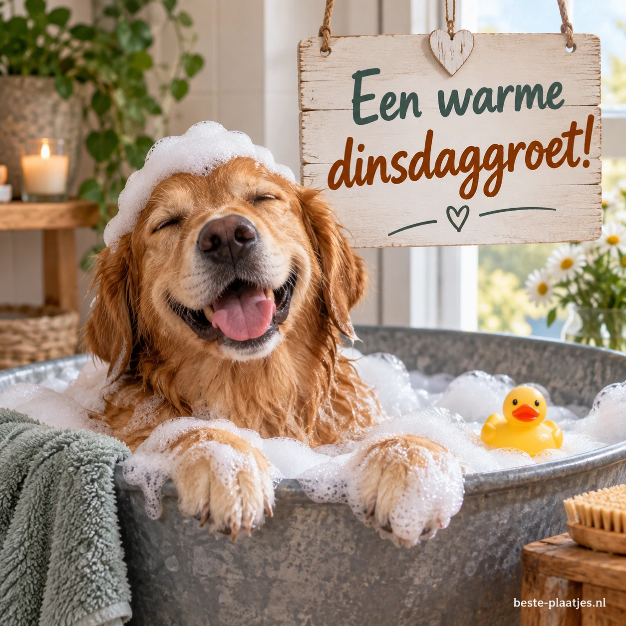 Een blije hond geniet van een schuimbad. Een blije hond geniet van een schuimbad.