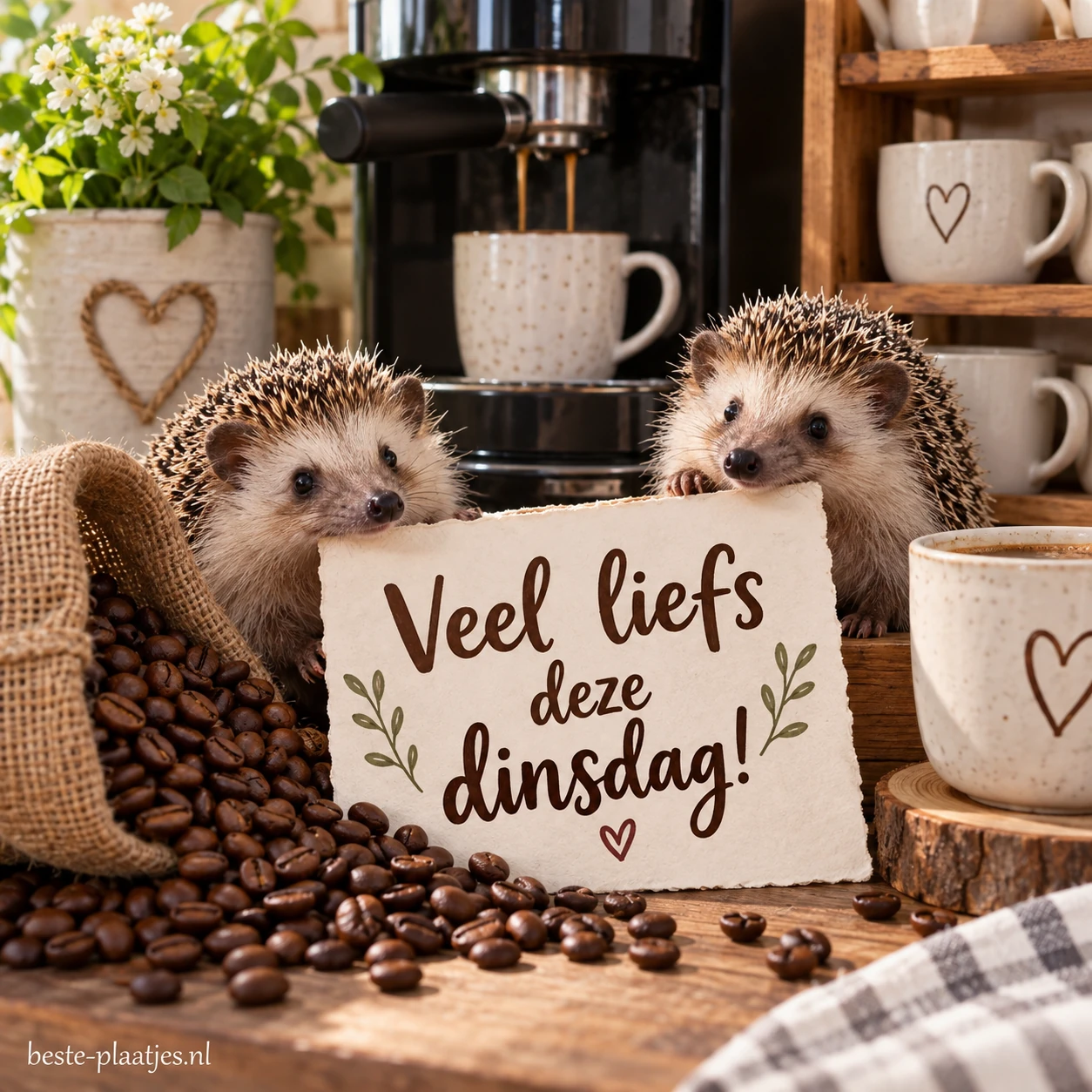 Twee egels tussen koffiebonen bij een koffiezetapparaat, met kopjes op een houten rek. Fijne dinsdag!. Twee egels tussen koffiebonen bij een koffiezetapparaat, met kopjes op een houten rek. Fijne dinsdag!.