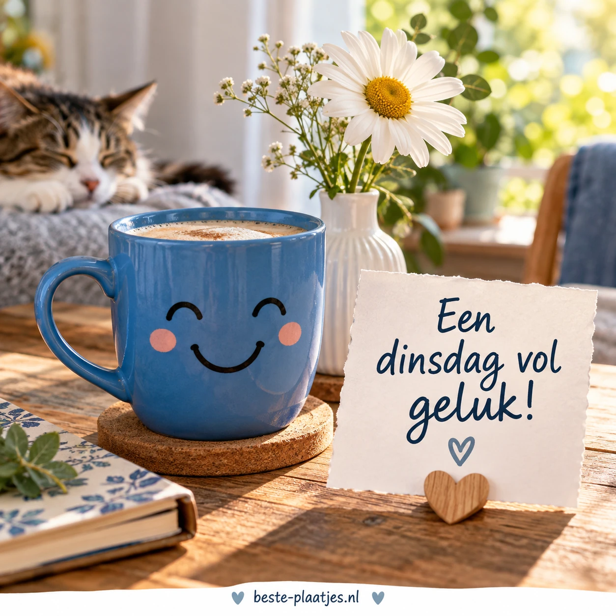 Een blauwe mok met een vrolijk gezicht, een witte bloem in een vaas. Een blauwe mok met een vrolijk gezicht, een witte bloem in een vaas.