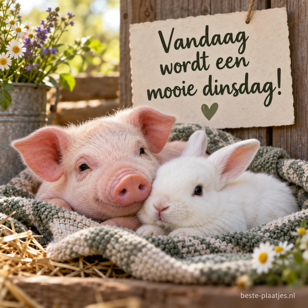 Een klein varkentje en een wit konijn liggen dicht tegen elkaar aan. Een klein varkentje en een wit konijn liggen dicht tegen elkaar aan.