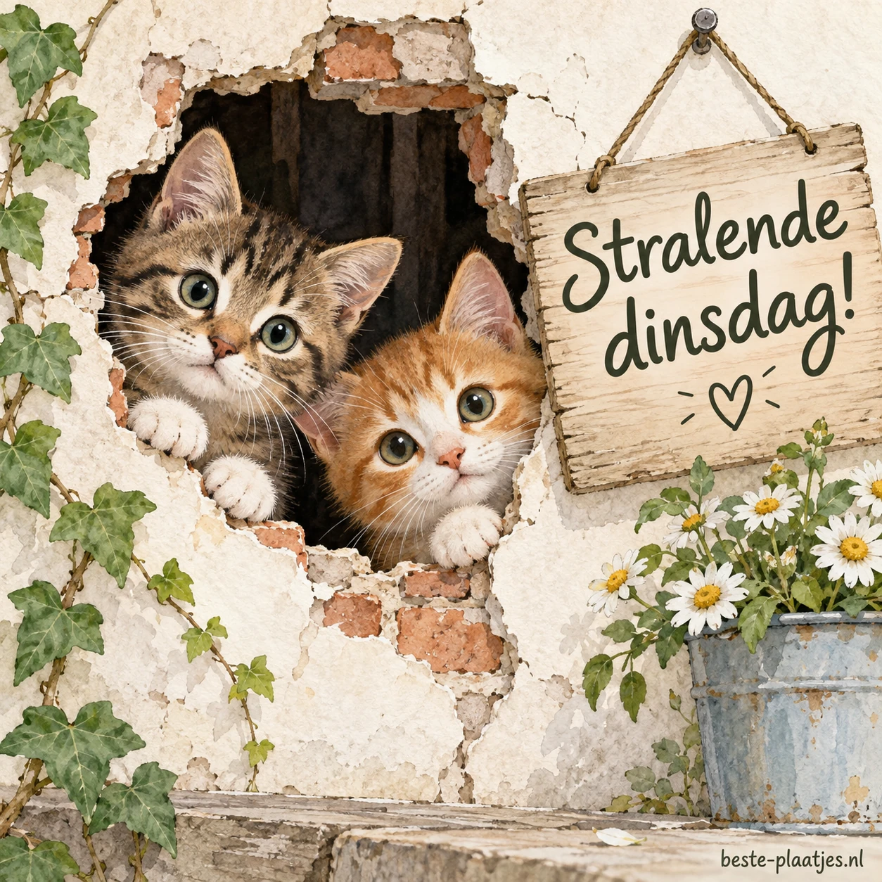 Twee kittens gluren nieuwsgierig door een gat in de muur. Twee kittens gluren nieuwsgierig door een gat in de muur.
