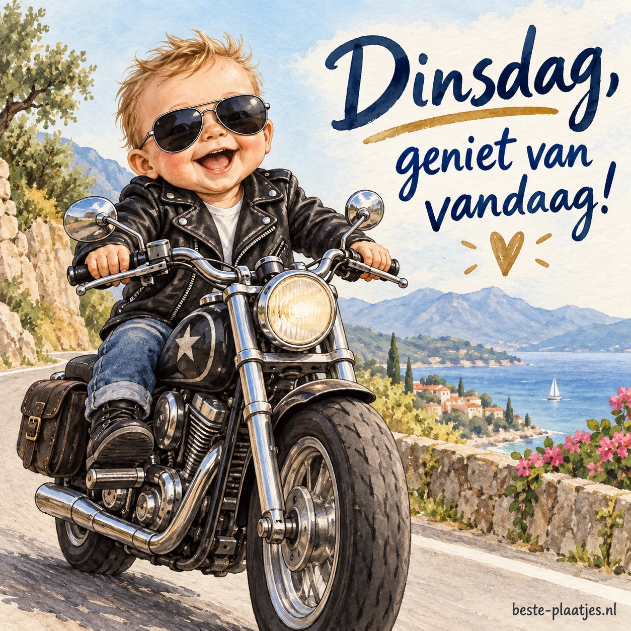 Een baby met zonnebril en leren jas rijdt stoer op een motorfiets. Een baby met zonnebril en leren jas rijdt stoer op een motorfiets.