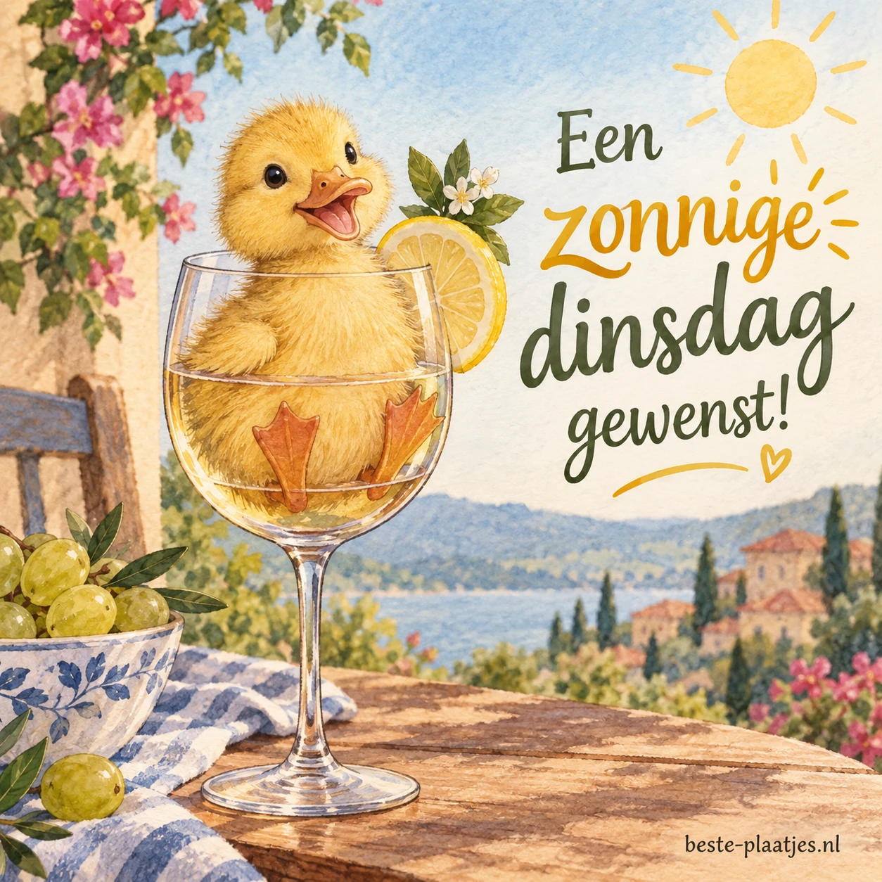 Een schattige eendjeskuiken zit in een wijnglas. Een schattige eendjeskuiken zit in een wijnglas.